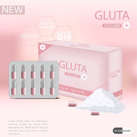 Pink glutathione pack with capsule and the third ingredient can be separated. On a light pink background.のイラスト素材