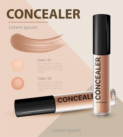 Cosmetic product concealer poster, bottle package design with moisturizer cream or liquid, sparkling background with glitter polka, vector design.のイラスト素材