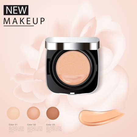 Compact foundation ads, attractive makeup essential product with texture isolated on glitter background, 3d illustrationのイラスト素材