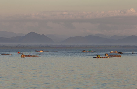Fish farming on Kasiew Dam, Suphanburi, Thailandの写真素材