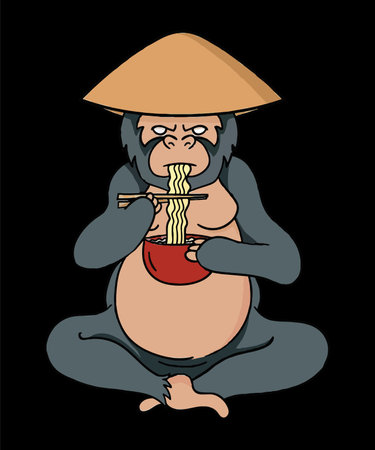 Monkey eating ramen noodles vector illustration
