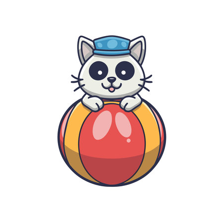 Cute cartoon cat in a sailor cap on a ball. Vector illustration.のイラスト素材