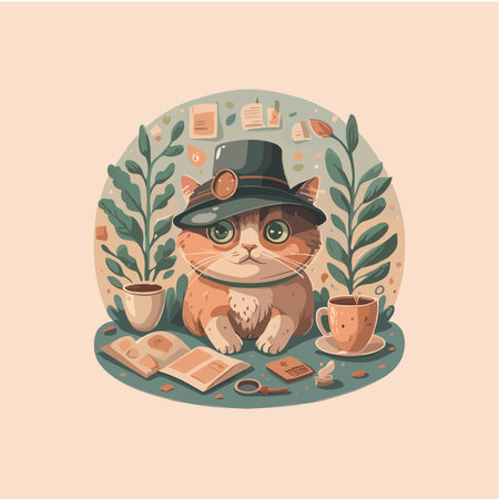 Cute cat in a hat with a book. Vector illustration.のイラスト素材