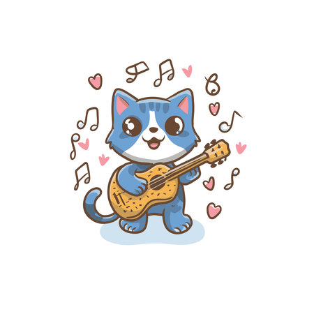 Cute blue cat playing guitar. Vector illustration isolated on white background.のイラスト素材