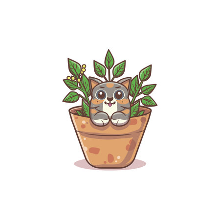 Cute cat in flower pot isolated on white background. Vector illustration.のイラスト素材