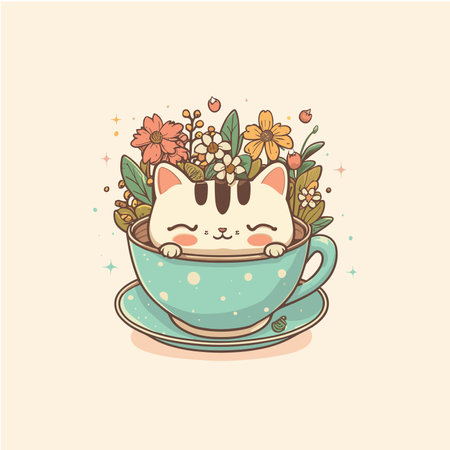 Cute cat in a cup of coffee with flowers. Vector illustration.のイラスト素材