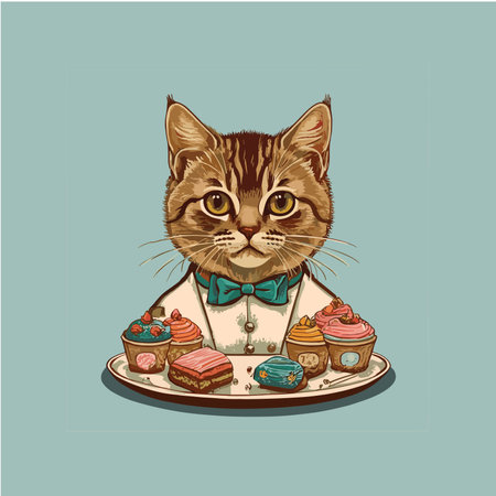 Vector illustration of a cat in a bow tie with cakes on a plateのイラスト素材