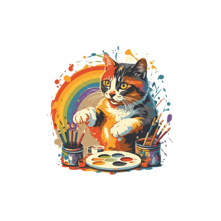 Cute cat with a palette of paints and brushes. Vector illustration.のイラスト素材