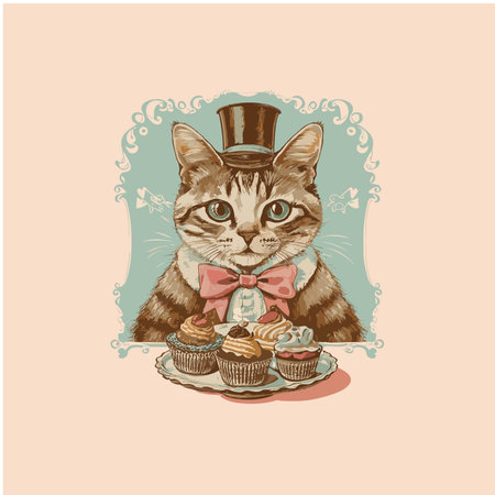 Cat in a hat and bow tie with cakes. Vector illustration.のイラスト素材