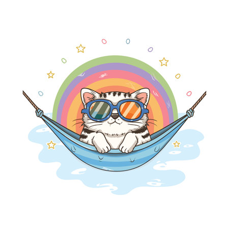Cute cat in a hammock. Vector illustration on white background.のイラスト素材
