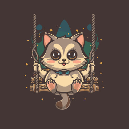 Cute kawaii raccoon on swing. Vector illustration.のイラスト素材