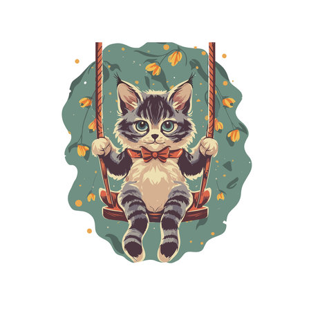 Vector illustration of a cat in a bow tie on a swing.のイラスト素材