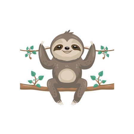 Cute cartoon sloth sitting on a tree branch vector Illustrationのイラスト素材