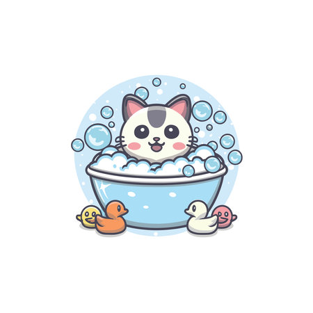 Cute cat taking a bath with foam and bubbles. Vector illustration.のイラスト素材