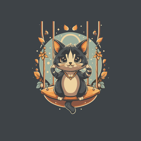 Cute cat sitting on swing. Vector illustration in cartoon style.のイラスト素材