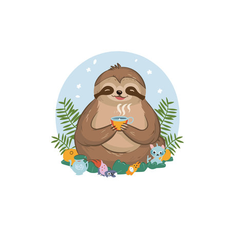 Cute cartoon sloth with a cup of coffee. Vector illustration.のイラスト素材