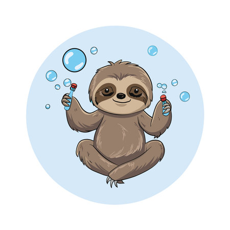Cute cartoon sloth playing with soap bubbles. Vector illustration.のイラスト素材