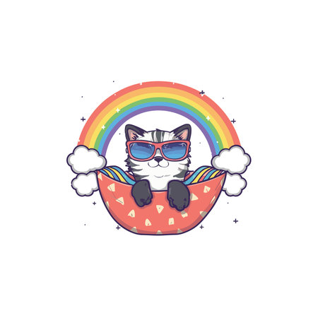 Cute cartoon cat in a basket with rainbow. Vector illustration.のイラスト素材