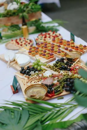 Variety of finger food served during an outdoor garden ceremonyの写真素材