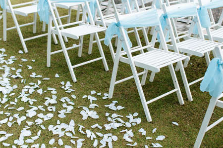 View of white chairs with blue ribbons during a garden wedding ceremonyの写真素材