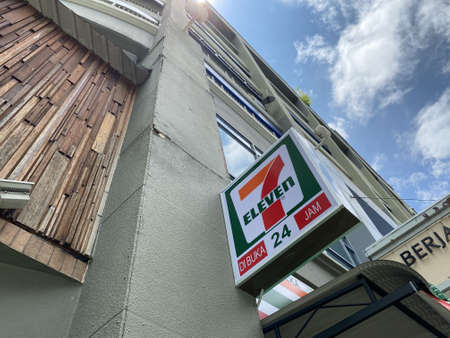 Penang, Malaysia - September 4, 2020 : External shop logo of a 7 Eleven (7-11) convenience store at...
