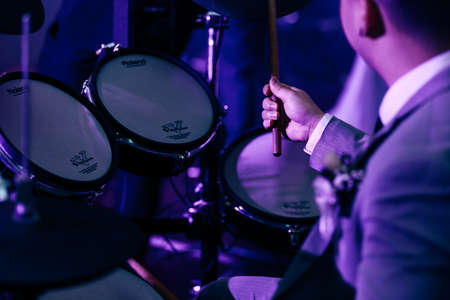 Penang, Malaysia - November 12, 2017 : Close up of a person playing the drums during a private function at Batu Feringghiのeditorial素材