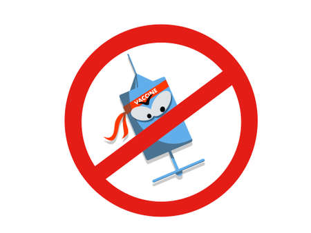 A cartoon illustration of a STOP sign in front of a vaccine syringe. This indicates the current movement of people refusing the  vaccine.のイラスト素材