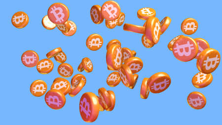 View of Bitcoin cryptocurrency signs flying around in blue background - 3D renderの写真素材