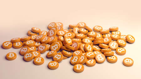 View of Bitcoin cryptocurrency coins falling on the floor - 3D renderの写真素材