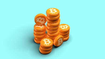View of Bitcoin cryptocurrency coins stacked on top of each other on cyan background - 3D render