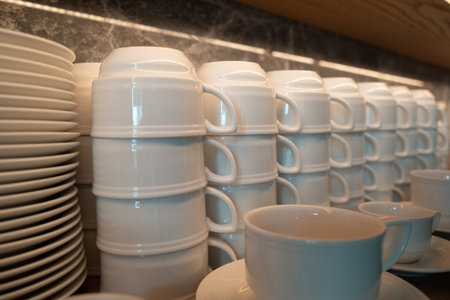 Cups arranged properly and orderly inside a cupboardの写真素材