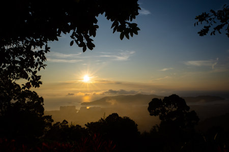 Beautiful sunrise view from on top of a hill in Penangの写真素材