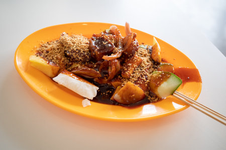 A plate of Penang rojak which is a delicacy typically consists of cucumber, pineapple, deep-fried tofu, mango, cuttlefish and Chinese-style frittersの写真素材