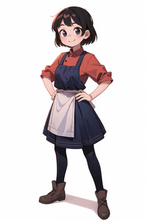 An anime-cartoon illustration of a young girl kitchen staff on white backgroundの素材