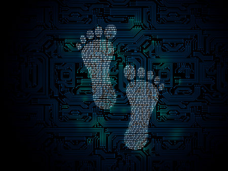 An illustration of a digital footprint with binary numbers on black electronic background (3D rendering)の写真素材