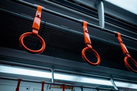 Close up of a red hand grab or ring for standing passengers inside a train in Japan.の写真素材