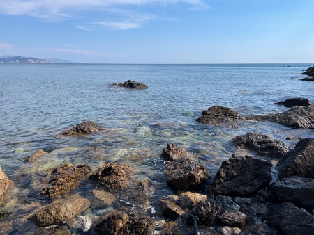 Rocky coast of the Mediterranean Sea in Tuscany, Italyの写真素材