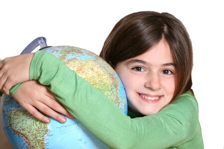 little child with globe - isolated whiteの写真素材