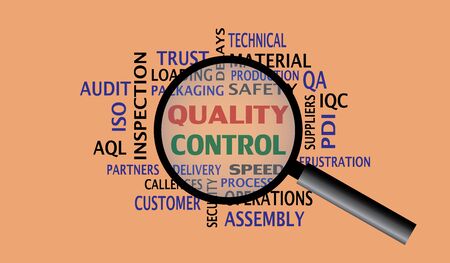 Quality Control with word background and magnifier glass vectorのイラスト素材