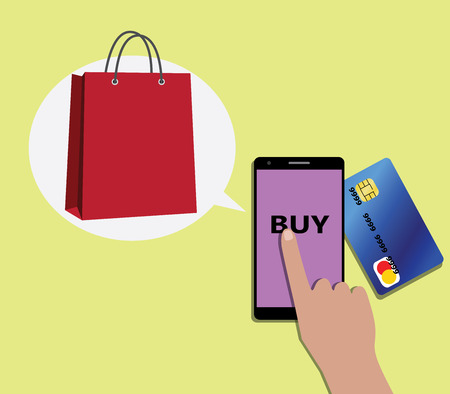 Online shopping concept using mobile devices smartphone and shooping bags vectorのイラスト素材