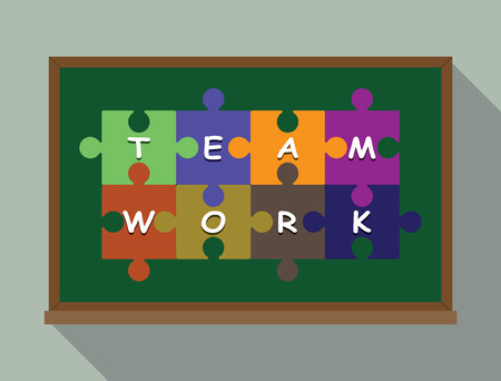 team work concept puzzle vector illustration in green boardのイラスト素材