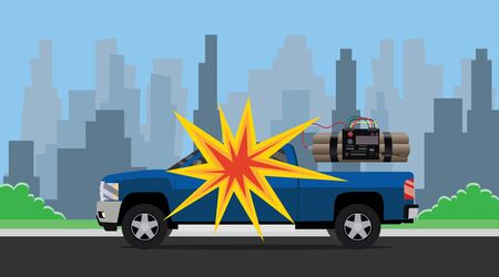 bomb car explosion terrorist with dynamite and suv and city as background vectorのイラスト素材