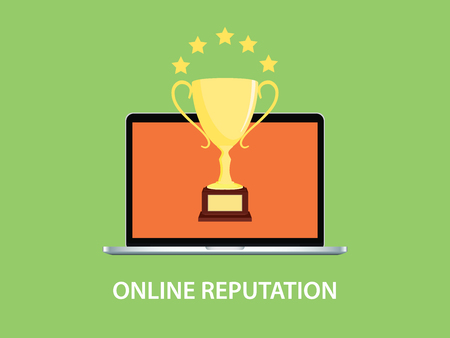 online reputation illustration with laptop notebook and gold trophy vectorのイラスト素材