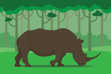 rhinoceros in the middle of jungle eating grass vector illustrationのイラスト素材