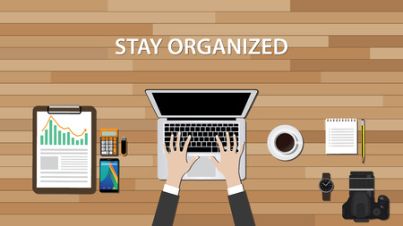 get organized workspace with people work on his desk vector illustrationのイラスト素材