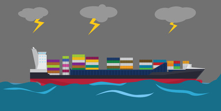 container ship on middle of sea and bad weather with lightning in cloudsのイラスト素材