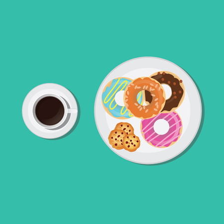 black coffee, donuts and cookies, breakfast delicious on plate and mug vector illustrationのイラスト素材