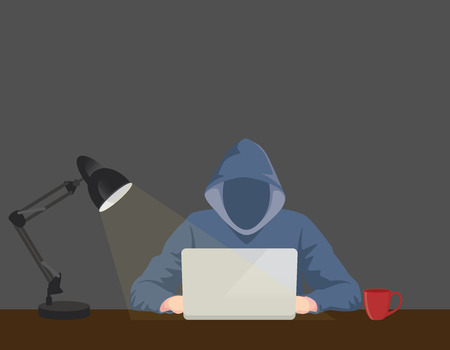 programmer hacker working on front of his laptop writing code in the middle of night vector graphic illustrationのイラスト素材