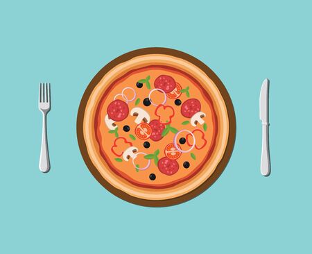 pizza food on plate with spoon and fork flat style graphic illustrationのイラスト素材