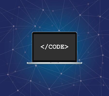 code icon on screen of the laptop with blue background dot connected vector graphic illustrationのイラスト素材